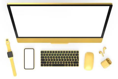 Desktop computer with mouse, smartwatch, phone and headphones on white Stock Illustration