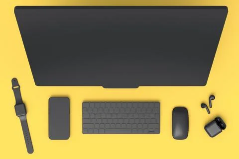 Desktop computer with mouse, smartwatch, phone and headphones on yellow Illustrazione stock
