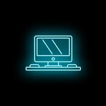 Desktop computer neon glowing outline icon displaying screen 库存插图