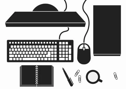 Desktop with Computer PC , keyboard , mouse , case , disk drive , monitor scr Stock Illustration