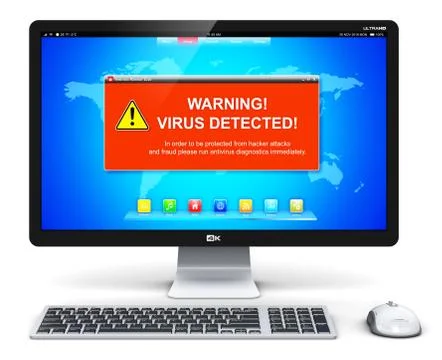Desktop computer PC with virus attack warning message on screen Illustrazione stock