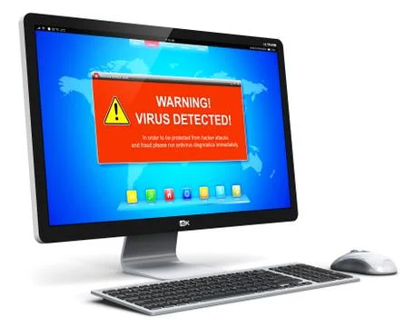 Desktop computer PC with virus attack warning message on screen Stock Illustration
