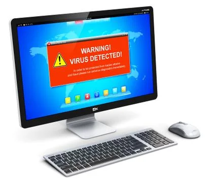 Desktop computer PC with virus attack warning message on screen Stock Illustration