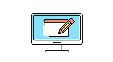 Desktop computer with pencil and website browser symbol Stock Illustration