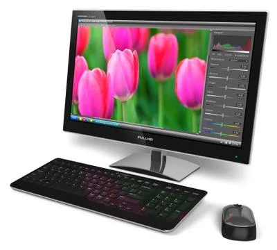 Desktop computer with photo editing software Illustrazione stock