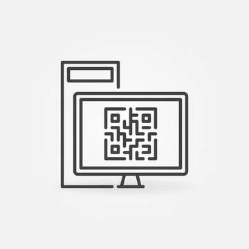 Desktop Computer with QR Code vector concept line icon Stock Illustration