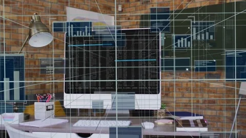 Desktop computer receiving live data, animating AR panels converging over Stock Footage 340654689
