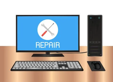 Desktop computer with repair logo on screen Illustrazione stock