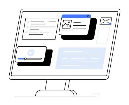 Desktop Computer Screen Displaying Various Applications and Web Elements Stockillustratie