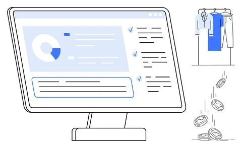 Desktop computer screen with financial data, wardrobe with clothes, and coi.. Illustrazione stock