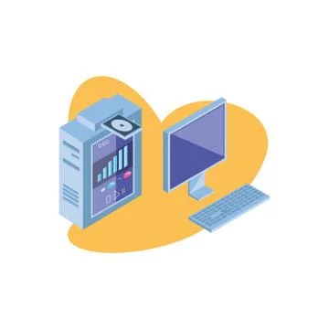 Desktop computer screen with keyboard and server equipment Stock Illustration