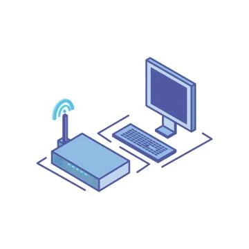 Desktop computer screen with keyboard and wireless router Stock Illustration