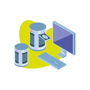 Desktop computer screen with keyboard and server equipment 스톡 일러스트
