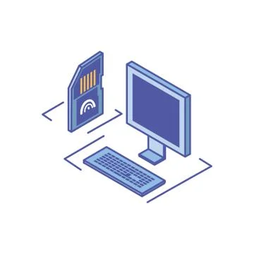 Desktop computer screen with keyboard and micro sd card Stock Illustration