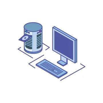 Desktop computer screen with keyboard and server equipment Stock Illustration