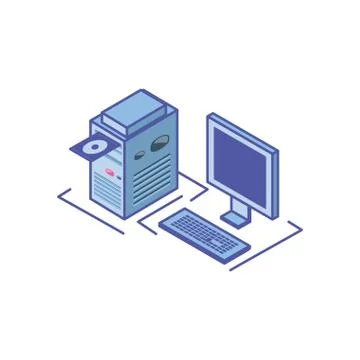 Desktop computer screen with keyboard and server equipment Illustrazione stock