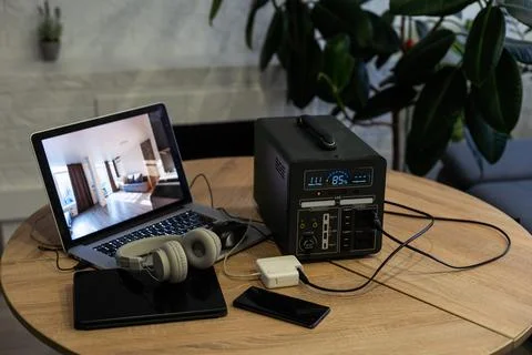 Desktop with a computer screen, keyboard, mouse, and headphone Stock Photos