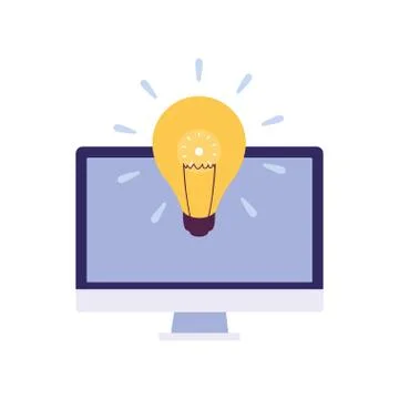 Desktop computer screen with light bulb on in white background Stock Illustration