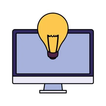 Desktop computer screen with light bulb in white background Illustrazione stock