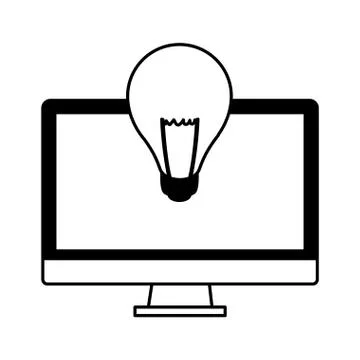 Desktop computer screen with light bulb in white background Illustrazione stock