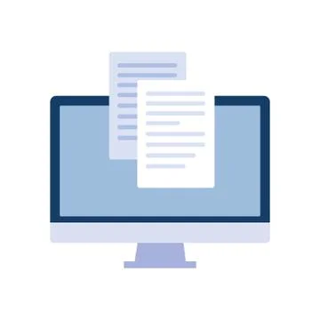 Desktop computer screen with sheet of paper on white background Stock Illustration