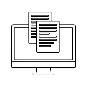 Desktop computer screen with sheet of paper on white background Stock Illustration
