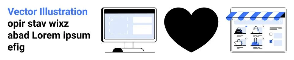 Desktop computer screen with text editor open, heart symbol in the center, e- Illustrazione stock