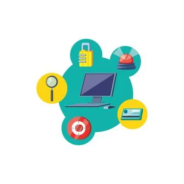 Desktop computer with security icons Illustrazione stock