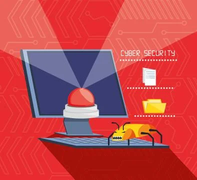 Desktop computer with set icons cyber security Stock Illustration