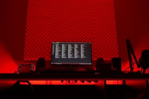 Desktop computer setup with red lights behind desk Foto stock