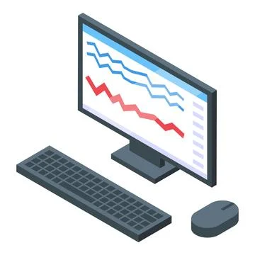 Desktop computer showing decreasing graph on monitor with keyboard and mouse Stock Illustration