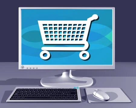 Desktop computer showing internet shopping Illustrazione stock