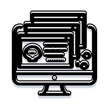 Desktop computer showing multiple open software windows 스톡 일러스트