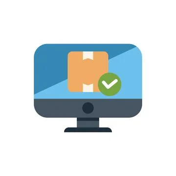 Desktop computer showing a package with a check mark confirming order deliver 스톡 일러스트