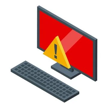 Desktop computer showing warning alert on red screen, isometric view Illustrazione stock