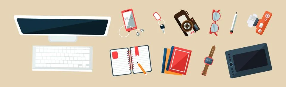 Desktop with Computer, Smartphone, Camera, Tablet, Glasses and Notepad Vector 스톡 일러스트