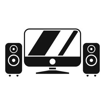 Desktop computer with sound system icon showing music production Stock Illustration
