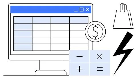 Desktop computer with spreadsheet, currency sign, calculator, shopping bag,.. Stock Illustration