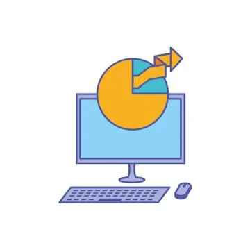 Desktop computer with statistical graphics circular Stock Illustration