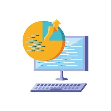 Desktop computer with statistical graphics circular Stock Illustration