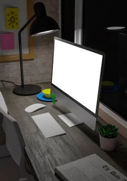 Desktop computer on the table of the office mockup 3d rendering. 3d illustrat イラスト素材