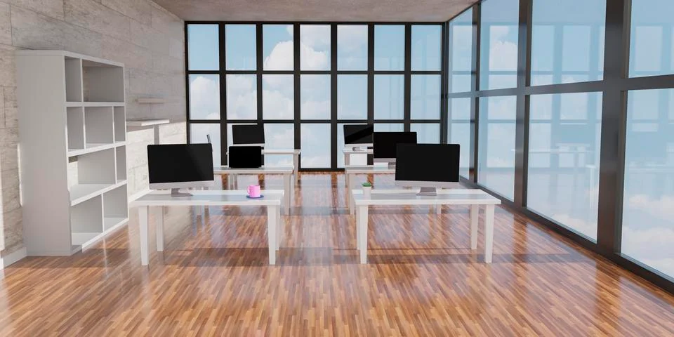 Desktop computer on the table of the office mockup 3d rendering. 3d illustrat イラスト素材