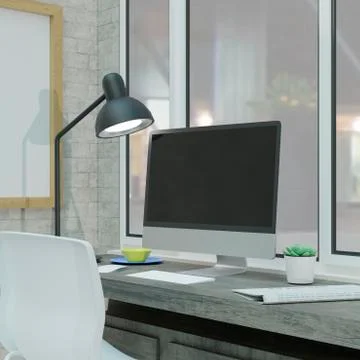 Desktop computer on the table of the office mockup 3d rendering. 3d illustrat イラスト素材
