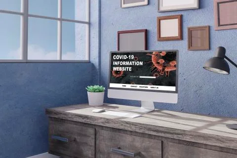 Desktop computer on the table of the office mockup 3d rendering. 3d illustrat Stock Illustration