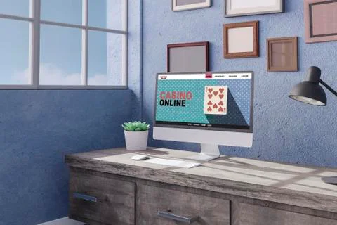 Desktop computer on the table of the office mockup 3d rendering. 3d illustrat Ilustración de archivo