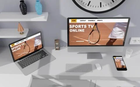 Desktop computer on the table of the office mockup 3d rendering. 3d illustrat Stock Illustration