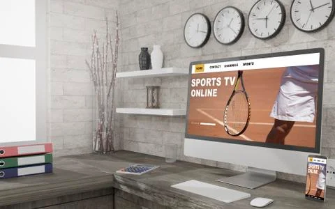 Desktop computer on the table of the office mockup 3d rendering. 3d illustrat Stock Illustration