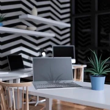 Desktop computer on the table of the office mockup 3d rendering. 3d illustrat Stock Illustration