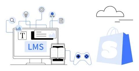 Desktop computer, tablet, book, and game controller with icons representing s Stock Illustration