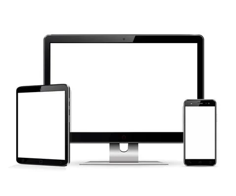 Desktop computer, tablet, phone blank mock up Illustrazione stock
